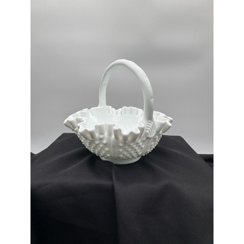 8" FENTON Hobnail Milk Glass Round Double Crimped Footed Basket